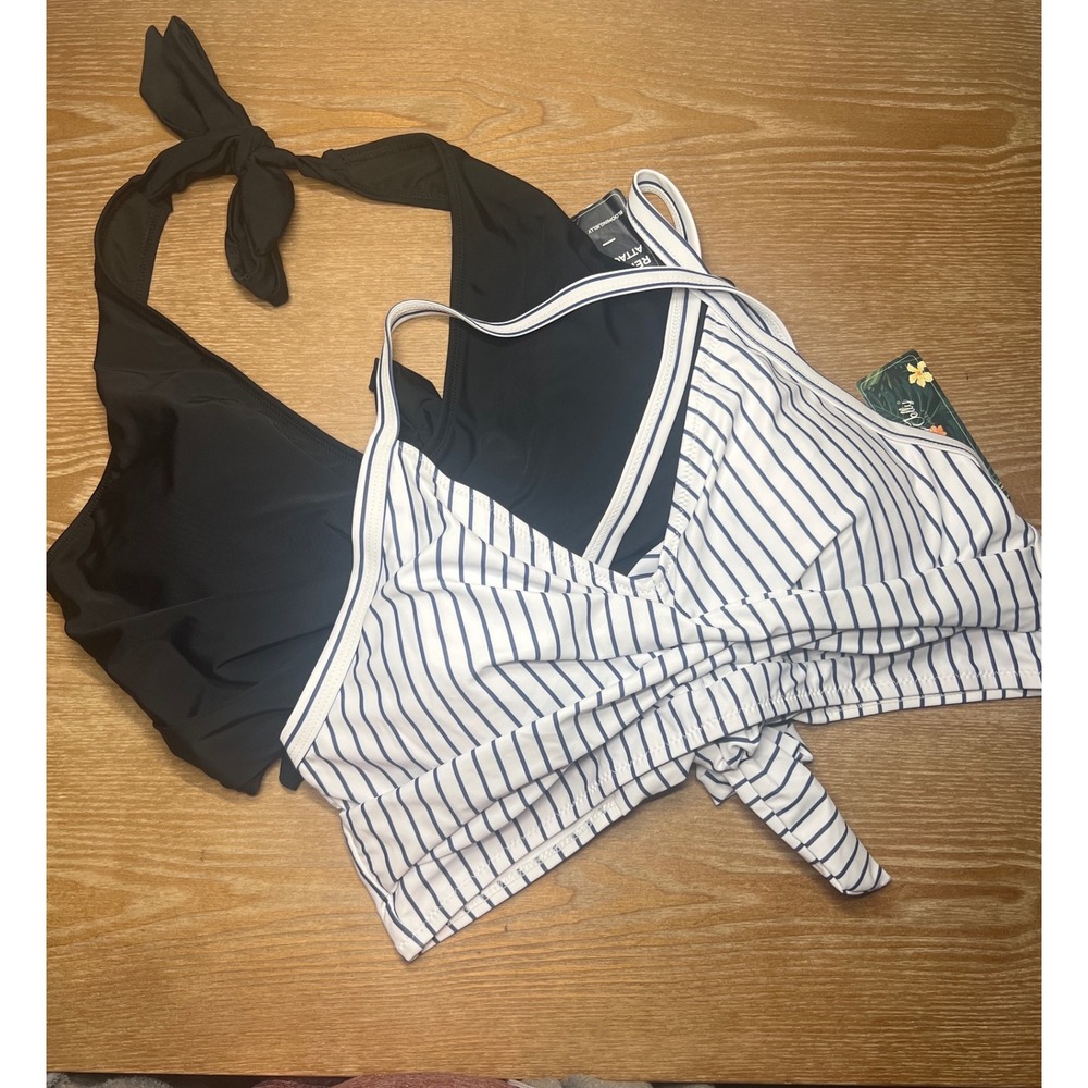 Blooming Jelly Womens 2 Pack Bikini Tops Black Halter & Striped Wrap New